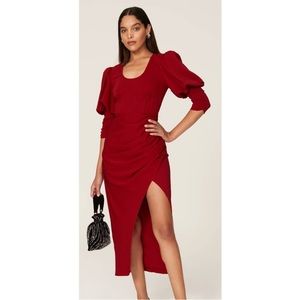 Self-Portrait Ruched Midi Dress Three Quarter Sleeves Back Zip Red Crepe Size 6